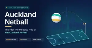 Stylised graphic of a netball court with a goal post, a netball arcing towards the ring and a silhouetted Auckland skyline, beside the title "Auckland Netball: The High-Performance Hub of New Zealand Netball".