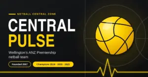 Featured graphic for the Central Pulse, with the team name in bold white and yellow on a black background beside a yellow netball, faint court markings and a glowing heartbeat line, plus labels reading Founded 2007 and Champions 2019 · 2020 · 2022.
