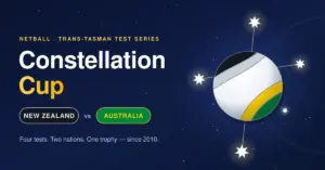 Illustrated netball in black, silver, gold and green set against a night sky and linked by the stars of the Southern Cross, beside the title “Constellation Cup” and the match-up New Zealand vs Australia.