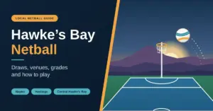 Illustrated banner reading “Hawke’s Bay Netball: Draws, venues, grades and how to play”, with an outdoor netball court, goal post and ball set against sunset hills, and tags for Napier, Hastings and Central Hawke’s Bay.