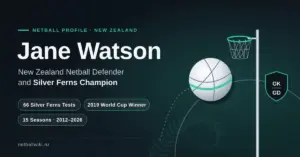 Dark teal graphic titled "Jane Watson – New Zealand Netball Defender and Silver Ferns Champion", with a netball flying towards a goal ring, a GK/GD defender badge and highlights of 66 Silver Ferns tests, the 2019 World Cup win and 15 seasons from 2012 to 2026.