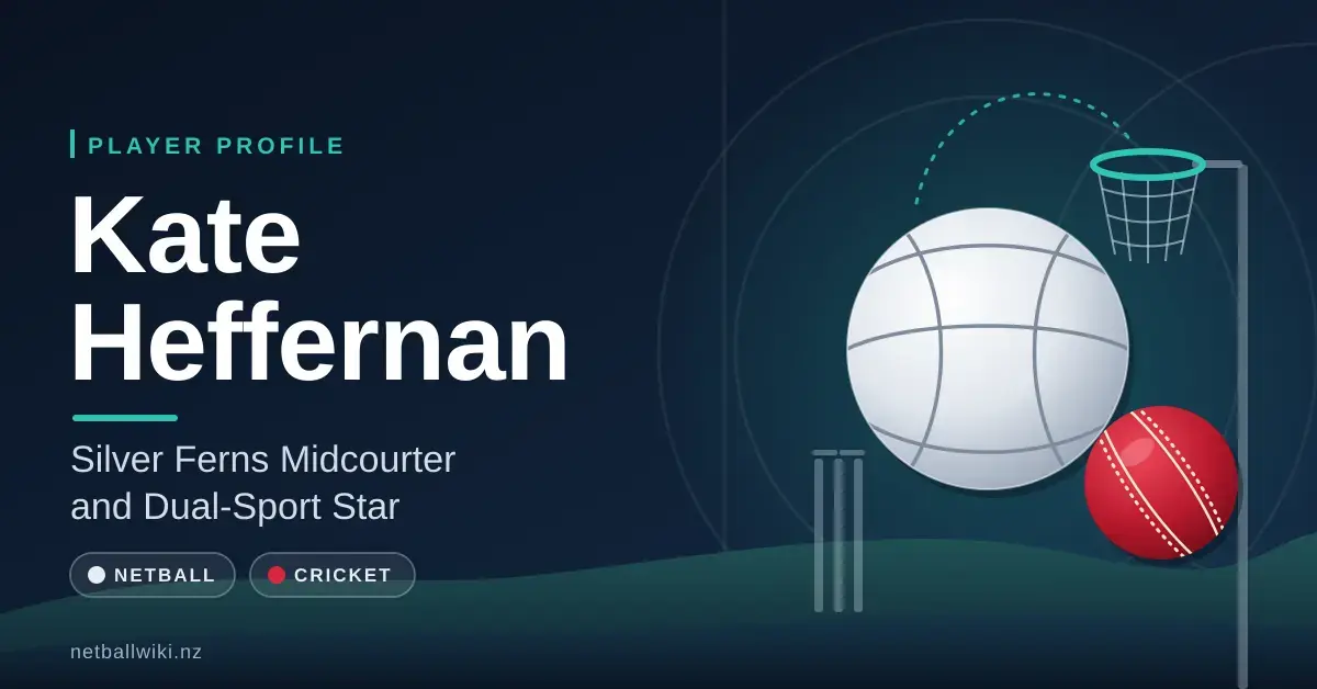 Featured graphic for a profile of Kate Heffernan, showing a netball, a red cricket ball, a netball goal ring and cricket stumps above rolling green hills, with the title “Kate Heffernan – Silver Ferns Midcourter and Dual-Sport Star”.