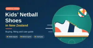 Illustrated white children's netball court shoe with orange heel and toe panels and a gum sole on a teal court, beside a netball and the title Kids' Netball Shoes in New Zealand: buying, fitting and care guide.