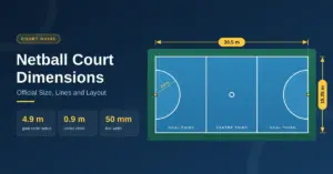 Diagram of a netball court seen from above, marked 30.5 m long and 15.25 m wide, with three equal thirds, a 4.9 m goal circle at each end and a small centre circle.