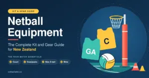 Flat illustration of netball gear on a navy background — a padded goalpost with ring and net, a size 5 ball, GA and C positional bibs and training cones — beside the heading Netball Equipment: The Complete Kit and Gear Guide for New Zealand.