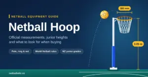 Illustration of a netball hoop with a white net and no backboard, showing the official 3.05 m post height and 380 mm ring, with a netball arcing towards the ring beside the title "Netball Hoop".