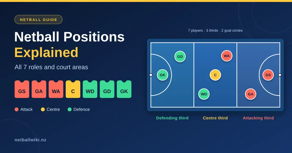 Diagram of a netball court divided into defending, centre and attacking thirds, showing where the seven colour-coded positions (GS, GA, WA, C, WD, GD and GK) play, alongside the title 'Netball Positions Explained'.