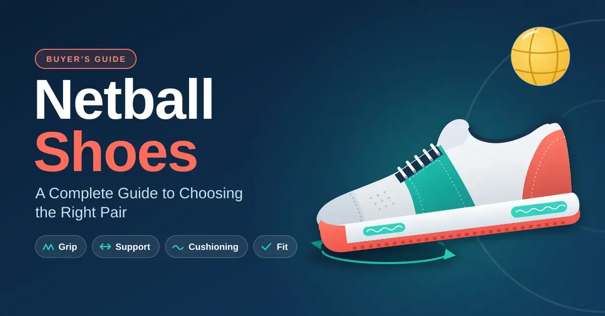 Illustrated netball court shoe with teal and coral panels, lifted onto the forefoot above a turning arrow, next to a netball and the title "Netball Shoes: A Complete Guide to Choosing the Right Pair" with the labels grip, support, cushioning and fit.