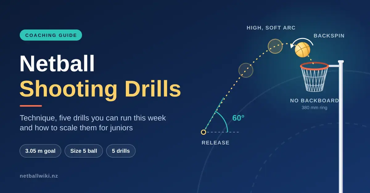 Diagram of a netball shot travelling in a high, soft arc from a 60° release to a 380 mm ring with no backboard, next to the title "Netball Shooting Drills".
