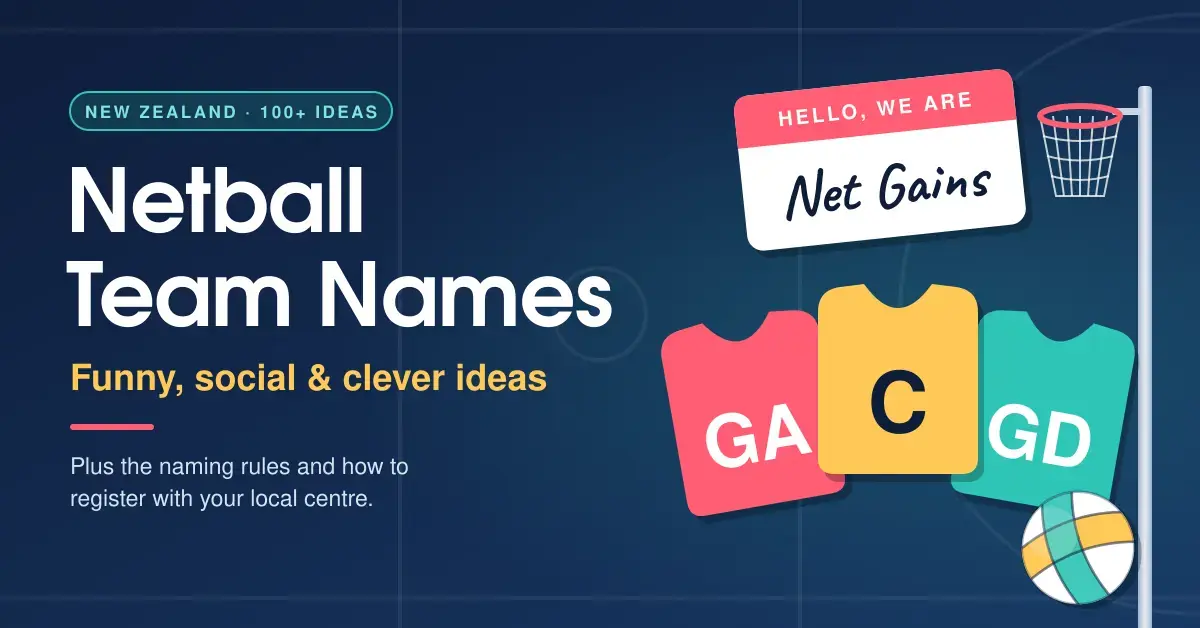 Illustrated graphic for "Netball Team Names: Funny, social & clever ideas" showing colourful GA, C and GD netball bibs, a "Hello, we are Net Gains" name tag, a netball and a goal ring on a navy court-line background.