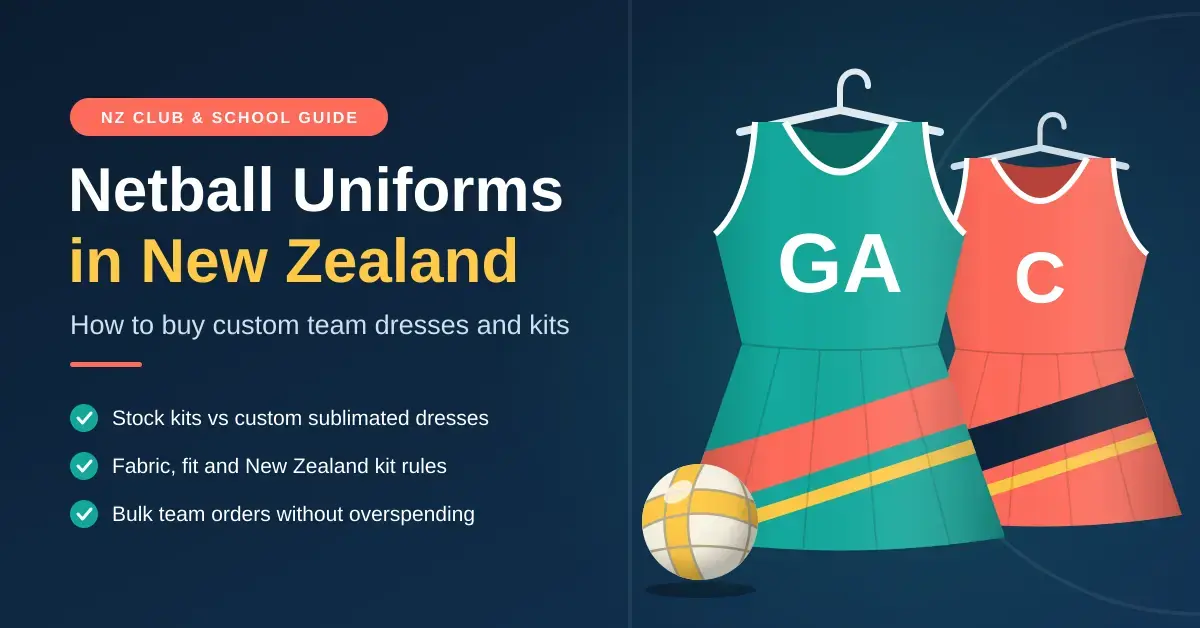 Illustration of two custom netball dresses on hangers, a teal dress marked GA and a coral dress marked C, next to a netball, with the heading "Netball Uniforms in New Zealand" and tips on stock versus sublimated kits, fabric, fit, kit rules and bulk team orders.