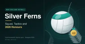 Graphic for the Silver Ferns, New Zealand's netball team, showing a stylised netball framed by silver fern fronds and a gold 2026 medal, next to the words "Silver Ferns: Squad, Tactics and 2026 Honours".