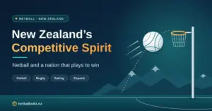 Illustrated banner with the headline “New Zealand’s Competitive Spirit” beside a netball arcing towards a goal ring, set against stylised mountains and a teal court, with tags for netball, rugby, sailing and esports.