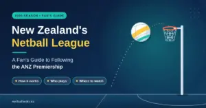 Illustrated netball arcing towards a goal ring on a navy and teal court, beside the title "New Zealand's Netball League: A Fan's Guide to Following the ANZ Premiership".