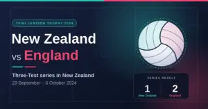 Graphic for the 2024 Taini Jamison Trophy netball series, New Zealand vs England, showing a netball on a stylised court with a scorecard for England's 2–1 series win across three Tests from 29 September to 6 October 2024.