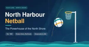 Illustrated banner for North Harbour Netball, the powerhouse of the North Shore, showing a netball arcing towards a goal ring above stylised harbour waves on a navy and teal background.