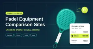 Illustration of a teal padel racket and a lime-green ball beside a price comparison card listing padel racket prices in NZ dollars, with the heading "Padel Equipment Comparison Sites: Shopping smarter in New Zealand".