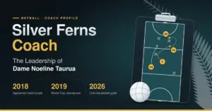 Graphic reading 'Silver Ferns Coach: The Leadership of Dame Noeline Taurua' beside a coach's clipboard with a netball court diagram of set plays, a netball, a silver fern frond and key milestones from 2018, 2019 and 2026.