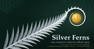 A silver fern frond sweeps up across a dark bush-green background and curls into a koru around a glowing gold netball, beside the words Silver Ferns – New Zealand’s national netball team – Commonwealth Games gold, Glasgow 2026.