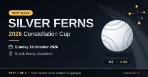 Featured graphic for the Silver Ferns' next game, showing a silver netball beneath a Southern Cross constellation beside the text '2026 Constellation Cup', Test 1 of 4 against Australia on Sunday 18 October 2026 at Spark Arena, Auckland.