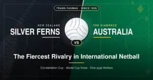 Graphic of a netball on a court split diagonally between black New Zealand colours and green-and-gold Australian colours, with the words Silver Ferns vs Australia and the headline The Fiercest Rivalry in International Netball.