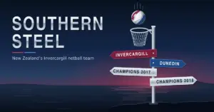 A steel netball goal post on a dusky Southland shore doubles as a signpost, with arrows pointing to Invercargill and Dunedin and to Champions 2017 and Champions 2018, as a burgundy-and-blue netball drops towards the ring beside the title Southern Steel.