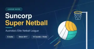 Illustrated netball in gold, teal and white flying towards a netball goal ring on a navy court background, beside the title Suncorp Super Netball, Australia’s Elite Netball League.