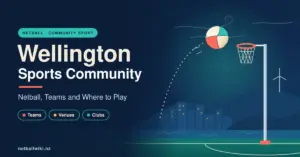 Illustrated banner reading "Wellington Sports Community: Netball, Teams and Where to Play", showing a netball arcing towards a goal post in front of a stylised Wellington harbour skyline, hills and a wind turbine at dusk.