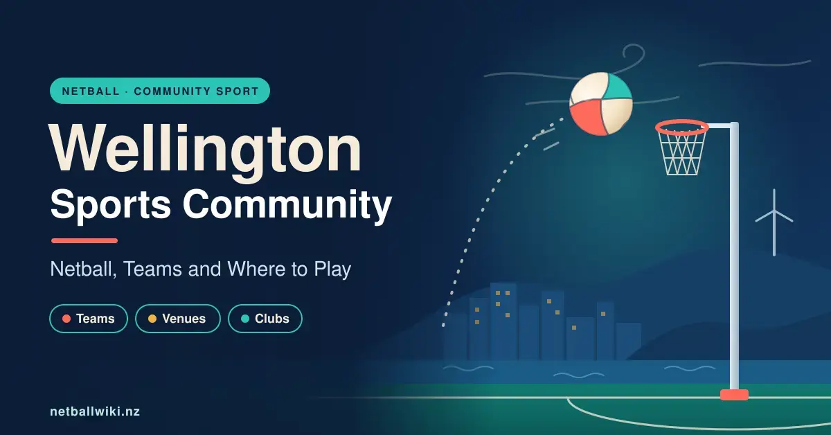 Illustrated banner reading "Wellington Sports Community: Netball, Teams and Where to Play", showing a netball arcing towards a goal post in front of a stylised Wellington harbour skyline, hills and a wind turbine at dusk.